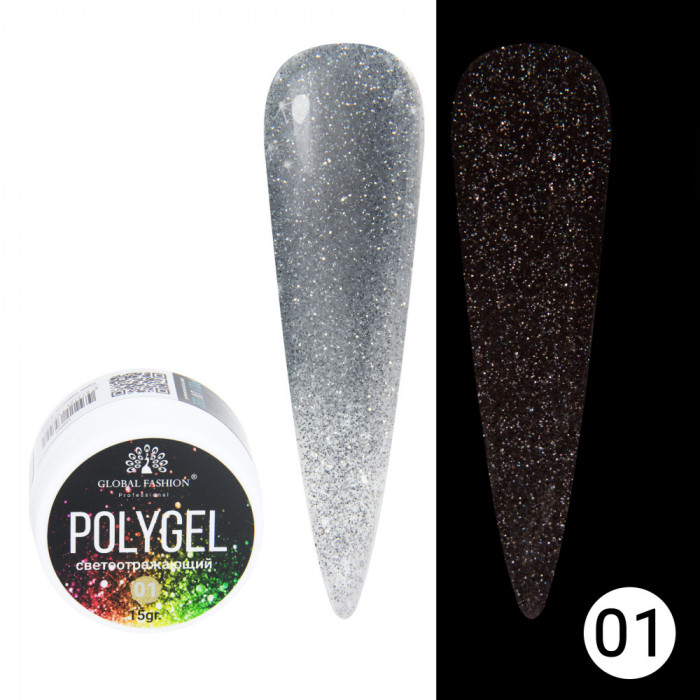 Polygel cu sclipici Disco Polygel, reflectorizant, Global Fashion, 15 g, 01