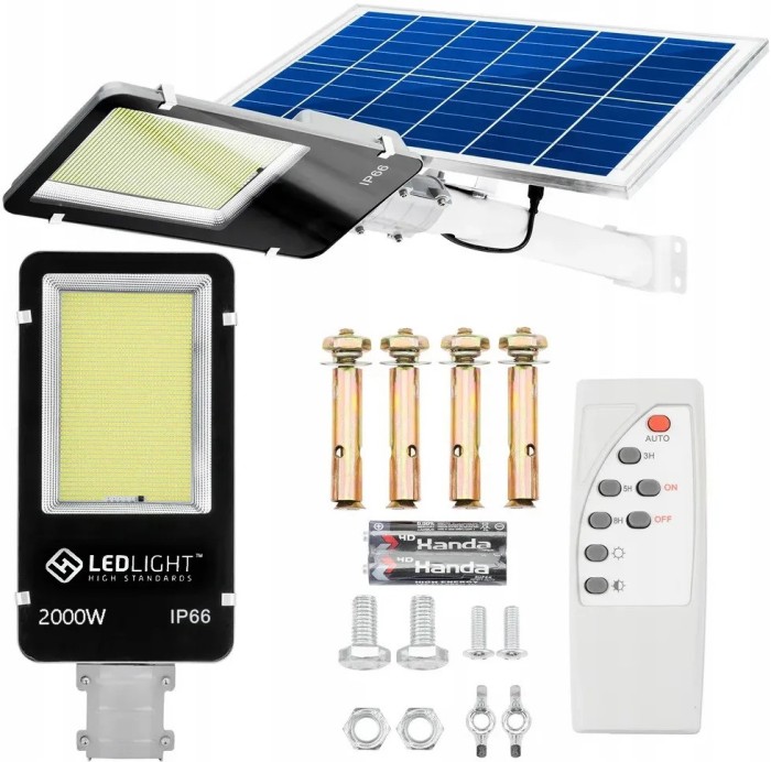 Lampa solara, putere 2000 W, 1200 LED-uri, suport pentru perete, stalp, complet rezistenta la fenomene meteo (protectie IP66), telecomanda inclusa, ne