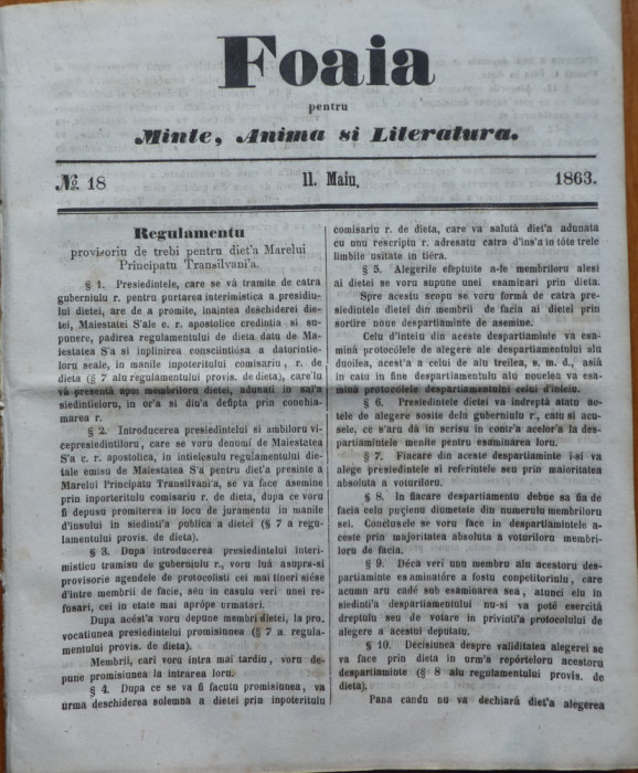 Foaia pentru minte , inima si literatura , nr. 18 , 1863 , Brasov , I. Muresanu