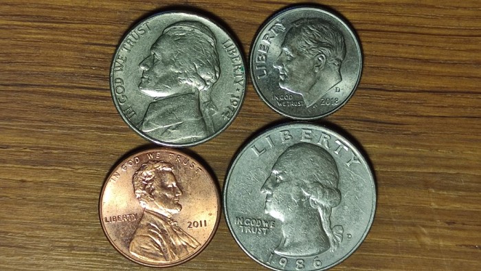 SUA / USA - set de colectie 4 monede diferite 4 presedinti - 1 cent 5 10 25 cents - impecabile !