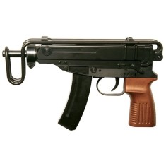 Pistol-mitraliera de jucarie, din metal si plastic, actionare cu arc, cu cu o luneta fixa si o luneta mobila, negru/maro