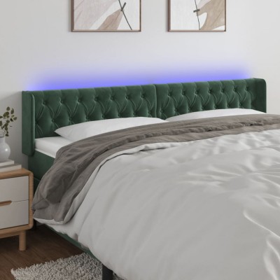 vidaXL Tăblie de pat cu LED, verde &amp;icirc;nchis, 203x16x78/88 cm, catifea foto
