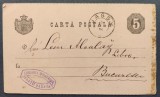 ROMANIA 1886 - Intreg Postal - 5 bani negru - circulat Iasi - Bucuresti - stampila expeditor LIBRARIA SCOALELOR FRATII SARAGA destinatar Leon Alcalay