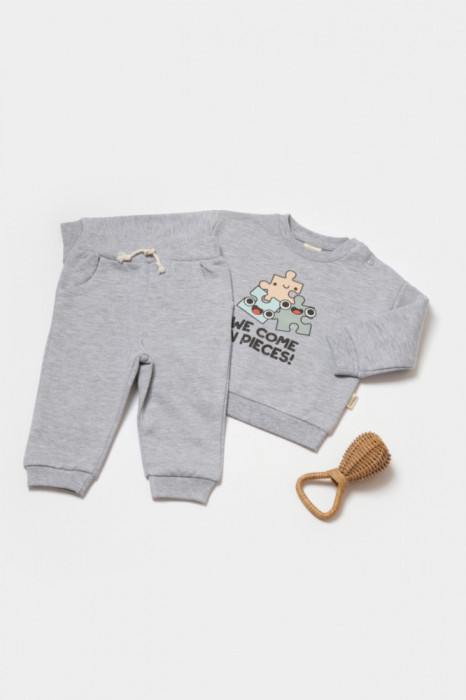 Set hanorac si pantaloni, Two thread, 100%bumbac organic - Gri, BabyCosy (Marime: 6-9 luni)