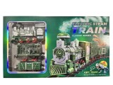 Trenulet electric cu aburi lumini si sunete locomotiva verde cu 2 vagoane si dinozaur sine si accesorii