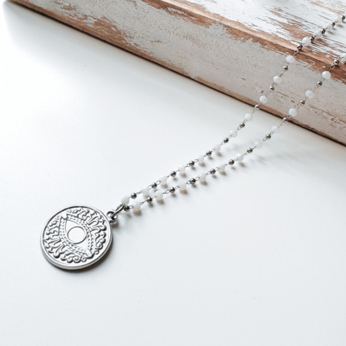 Colier Evil Eye din otel inoxidabil cu albe - Protectie energii negative