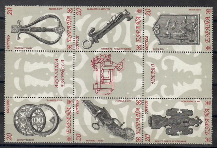 Spania 1990 - Fier forjat, bloc de 6 timbre + 3 viniete, MNH