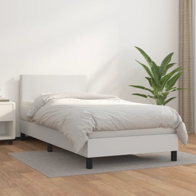 vidaXL Pat box spring cu saltea, alb, 90x200 cm, piele ecologică 3140982 foto