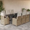 Set masa gradina 9 piese vidaXL, poliratan bej, cu perne, scaune rabatabile, blat sticla 200x100x74cm, huse lavabile