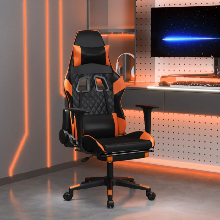 vidaXL Scaun de gaming cu suport picioare, negru/oranj, piele eco