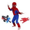 Set costum Spiderman lansator cu ventuze si manusa cu discuri, 120-130 cm, 7-9 ani