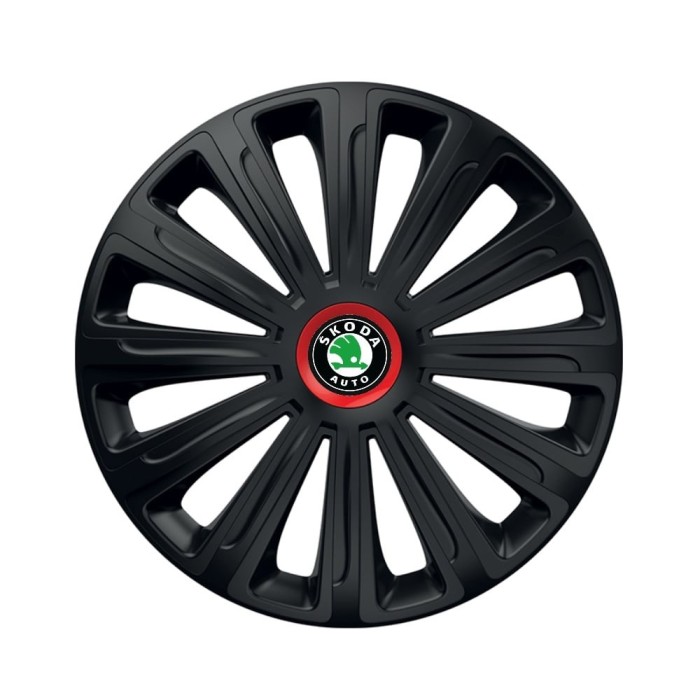 Set 4 capace roti Negre Cu Inel Rosu Trend R16 pentru gama auto Skoda