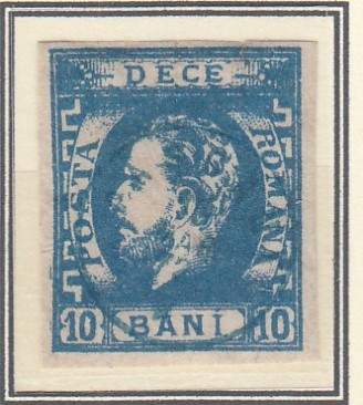 ROMANIA 1871 LP 31 b REGELE CAROL I BARBA 10 BANI ALBASTRU T2 STAMPILAT
