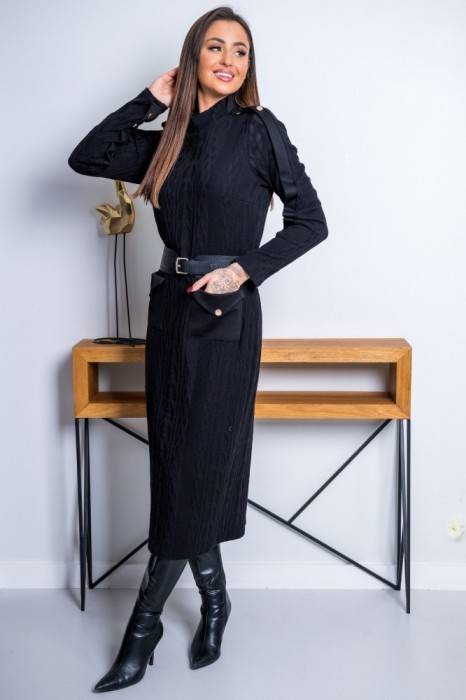 Rochie neagra lunga cu maneci si curea in talie