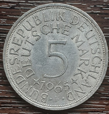 (A857) MONEDA DIN ARGINT GERMANIA - 5 MARK 1965, LIT F, 11,2 GRAME. PURITATE 625 foto