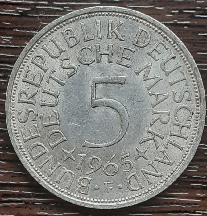 (A857) MONEDA DIN ARGINT GERMANIA - 5 MARK 1965, LIT F, 11,2 GRAME. PURITATE 625