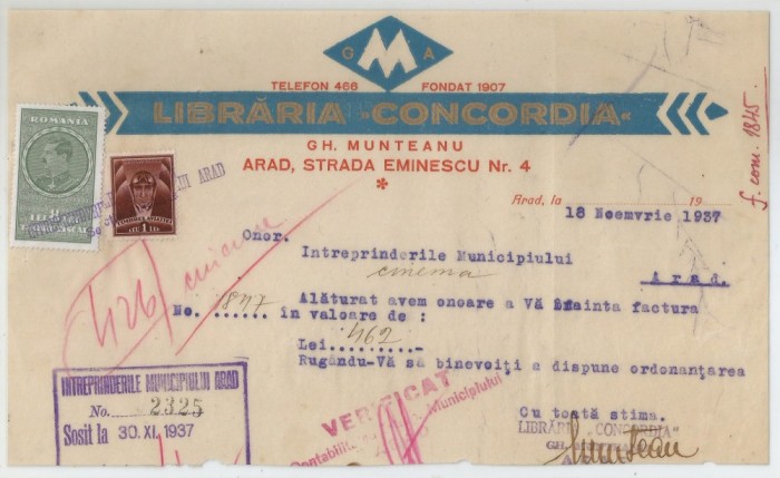 Romania, Libraria Concordia, Arad, 1937