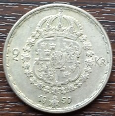 (A998) MONEDA DIN ARGINT SUEDIA - 2 KRONOR 1950, LIT. TS, REGELE GUSTAV V