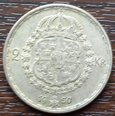 (A998) MONEDA DIN ARGINT SUEDIA - 2 KRONOR 1950, LIT. TS, REGELE GUSTAV V foto