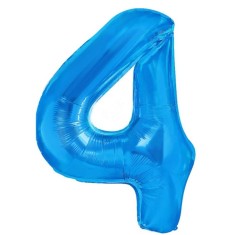 Balon din folie metalizata flippy, figurina cifra, tema aniversare 40 cm, ambalaj individual, pai inclus, umflare cu aer sau heliu, albastru, cifra 4