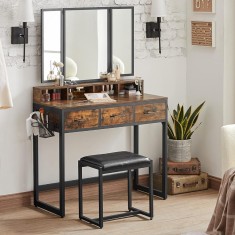 VASAGLE Masuta toaleta 90x40x141 cm, cu 3 sertare, oglinda tripla si taburet, lemn si otel, maro rustic si negru Household NewTrend