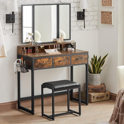 VASAGLE Masuta toaleta 90x40x141 cm, cu 3 sertare, oglinda tripla si taburet, lemn si otel, maro rustic si negru Household NewTrend foto