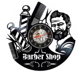 Ceas de perete decorativ realizat din disc de vinil, Model Barber Shop, Portrait Barbat Barbos, Barber Pole, Foarfece si Pieptene, Negru, 30 cm