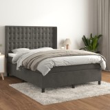 Cumpara ieftin Pat box spring cu saltea, gri &icirc;nchis, 140x190 cm, catifea