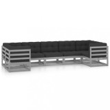 Set mobilier de gradina cu perne, 7 piese, gri, lemn masiv pin