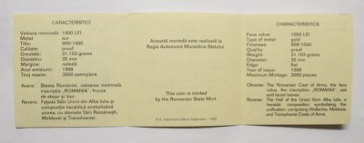 CERTIFICAT PT. MONEDA BNR DE AUR . 1000 LEI 1998 . Aniversarea Marii Uniri de la 1 Decembrie 1918 . #1039 foto