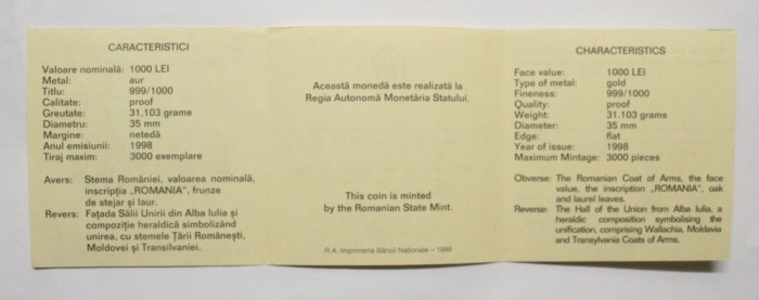 CERTIFICAT PT. MONEDA BNR DE AUR . 1000 LEI 1998 . Aniversarea Marii Uniri de la 1 Decembrie 1918 . #1039