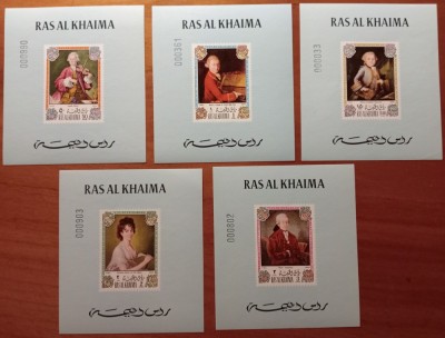 RAS AL KHAIMA-&amp;#039;&amp;#039;PICTURI-MUZICIENI&amp;#039;&amp;#039;-SET: 5Colite : NEDANT .-de LUX-Numerotate- RARR!!!!MNH-NESTAMPIL.-VEZI SCAN foto