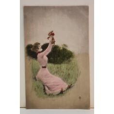 TANARA CU ROCHIE ROZ SI IEPURAS , CARTE POSTALA , CLASICA