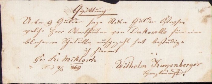 A253 Chitanță de m&acirc;nă, 1869, S&acirc;nnicolau Mare, județul Timiș, Banat, &icirc;n limba germană