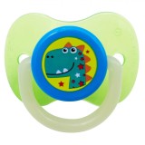 Suzetă Silicon Honey Baby, Dinozaur, Verde/Albastru, 0-6 Luni, Strălucire &icirc;n &Icirc;ntuneric, Cutie Sterilizare, Oem