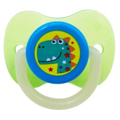 Suzetă Silicon Honey Baby, Dinozaur, Verde/Albastru, 0-6 Luni, Strălucire &icirc;n &Icirc;ntuneric, Cutie Sterilizare