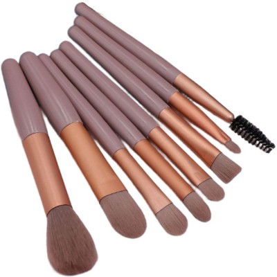 Mini set portabil 8 pensule pentru machiaj flippy, super soft, makeup profesional/incepatori, maner ergonomic, gentuta depozitare inclusa, maro foto