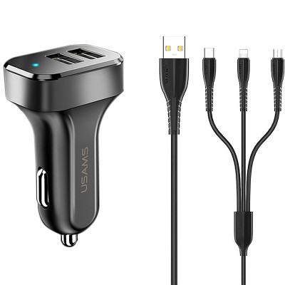 Incarcator Auto cu cablu MicroUSB - USB Type-C - Lightning Usams C13, 2 X USB, 2.1A, Negru NTU35YTSC13TZ foto