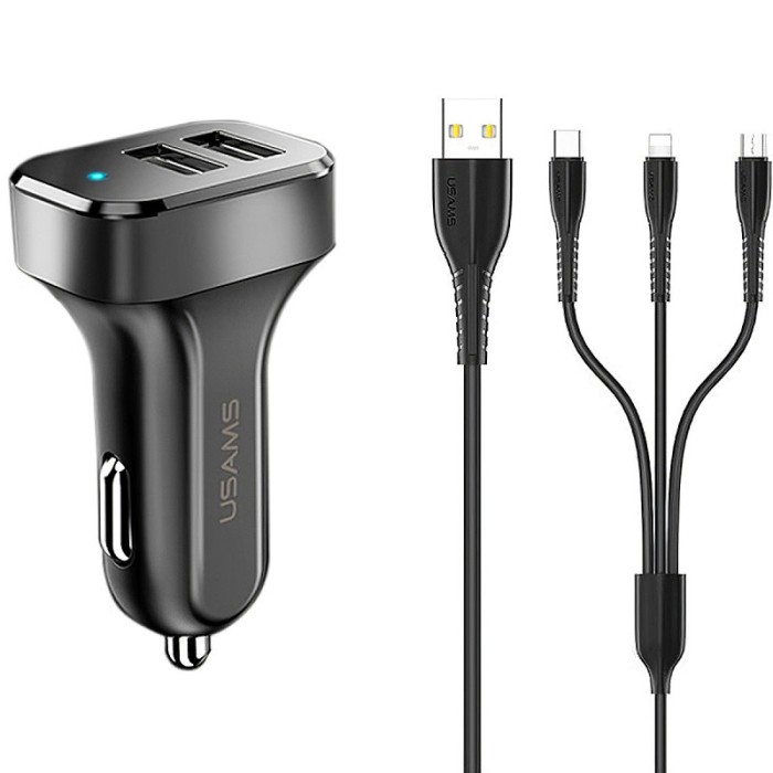 Incarcator Auto cu cablu MicroUSB - USB Type-C - Lightning Usams C13, 2 X USB, 2.1A, Negru NTU35YTSC13TZ