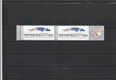 ROMANIA 2019 LP 2225 PRESEDINTIA ROMANIEI LA CONSILIUL UE PERECHE CU VINIETA MNH NESTAMPILATA foto