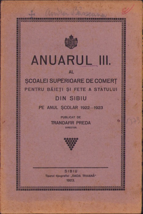 HST C1962 Anuarul Școalei superioare de comerț Sibiu 1922-1923