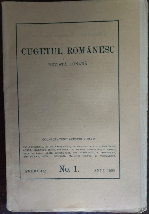 PRIMUL NUMAR DIN REVISTA CUGETUL ROMANESC/1922(Arghezi/Macedonski/Iorga/Pillat+)