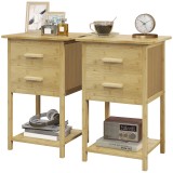 HOMCOM Noptiere, 2 piese, cu 2 Sertare și Poliță de Jos &icirc;n Stil Nordic, Noptiere Moderne din Bambus, 40x34x60 cm, Lemn Natural | Aosom Romania