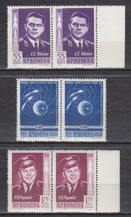 ROMANIA 1962 LP 547 PRIMUL ZBOR IN GRUP - VOSTOK 3 SI 4 PERECHE SERII MNH