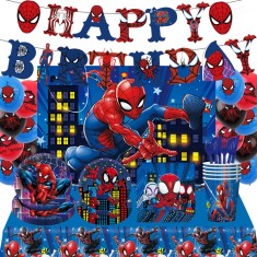 Set 82 de piese vesela petrecere Spiderman pentru 10 copii, decorarea completa a mesei + baloane, Albastru