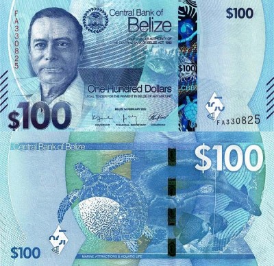 Belize (p#NOU) 100 Dollars 2025 UNC &amp;#039;Testoasa de mare&amp;#039; Puse &amp;icirc;n circulație pe 4 August 2025; foto