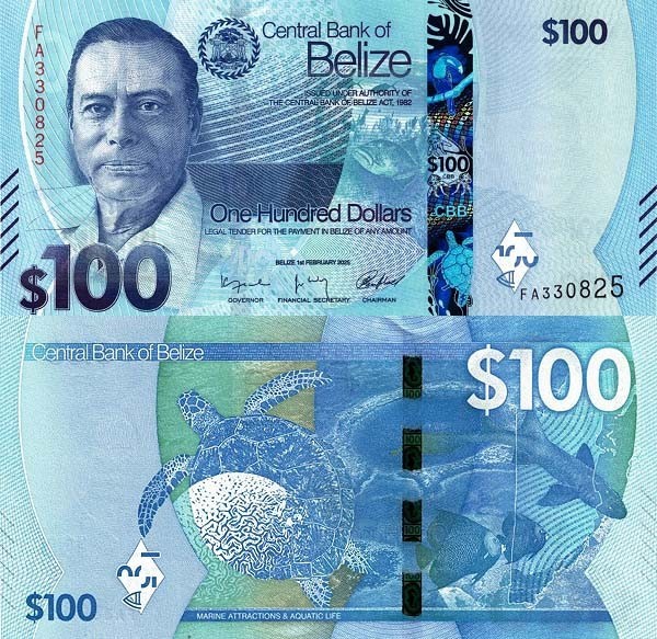Belize (p#NOU) 100 Dollars 2025 UNC &#039;Testoasa de mare&#039; Puse &icirc;n circulație pe 4 August 2025;