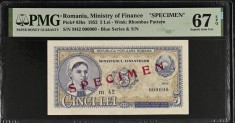 5 lei 1952 Specimen PMG67 UNC bancnota gradata