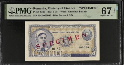 5 lei 1952 Specimen PMG67 UNC bancnota gradata foto