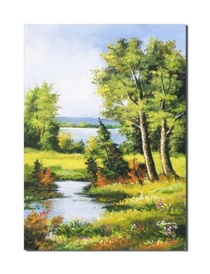Tablou peisaj din natura pictat manual, Calmitate, 70x50cm ulei pe panza, gata de agatat pe perete foto